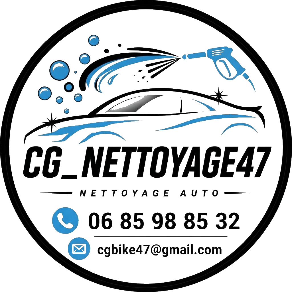 Logo CG nettoyage auto professionnel en Occitanie, couleurs noir et bleu avec voiture stylisée